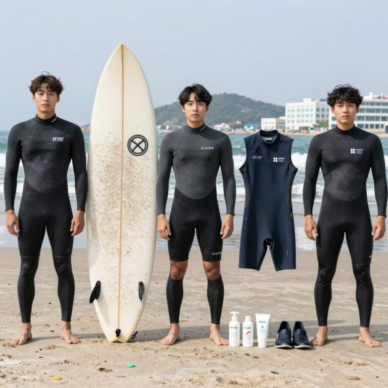 서핑 준비물 전체 모습, 수영복 워터슈즈 선크림 등이 펼쳐져 있다