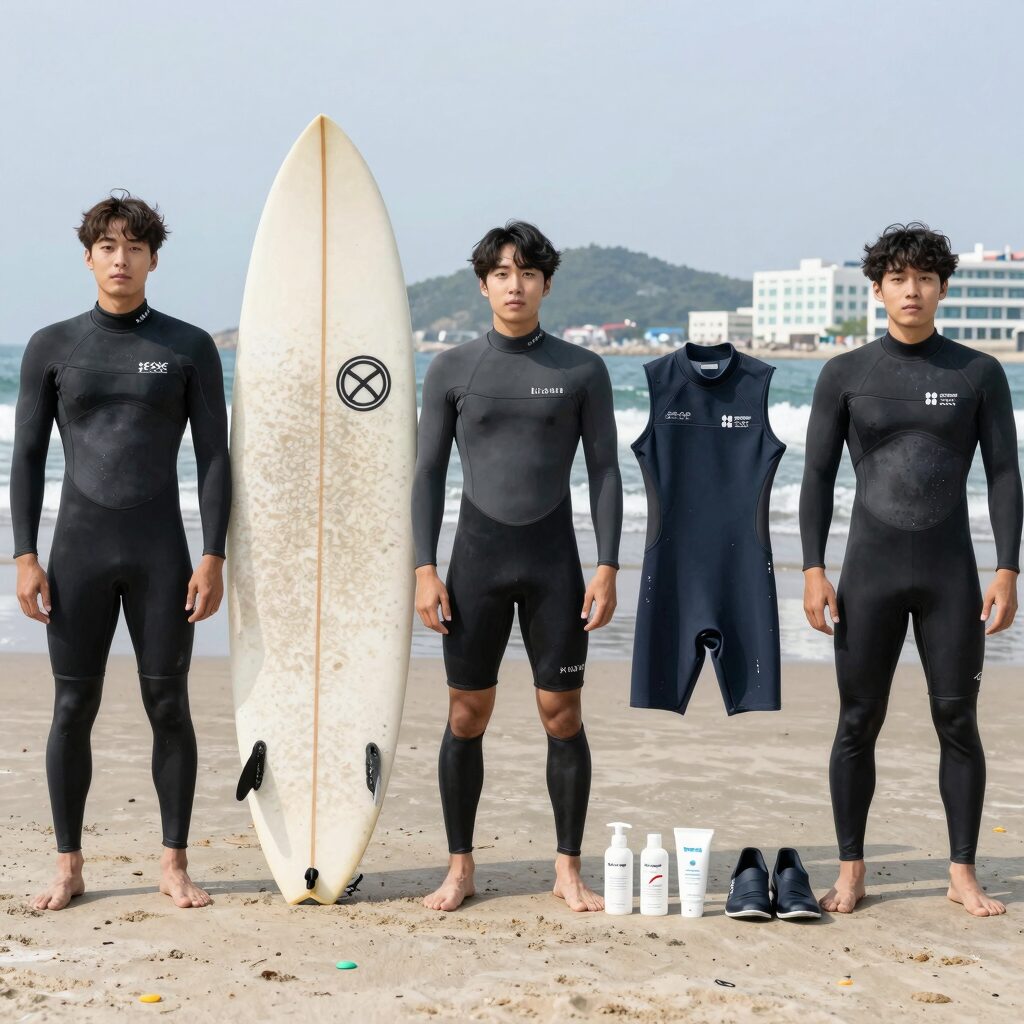 서핑 준비물 전체 모습, 수영복 워터슈즈 선크림 등이 펼쳐져 있다