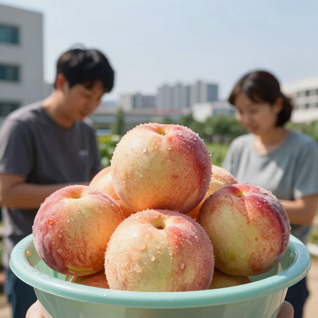 깨끗하게 씻은 복숭아와 세척 방법 안내 이미지