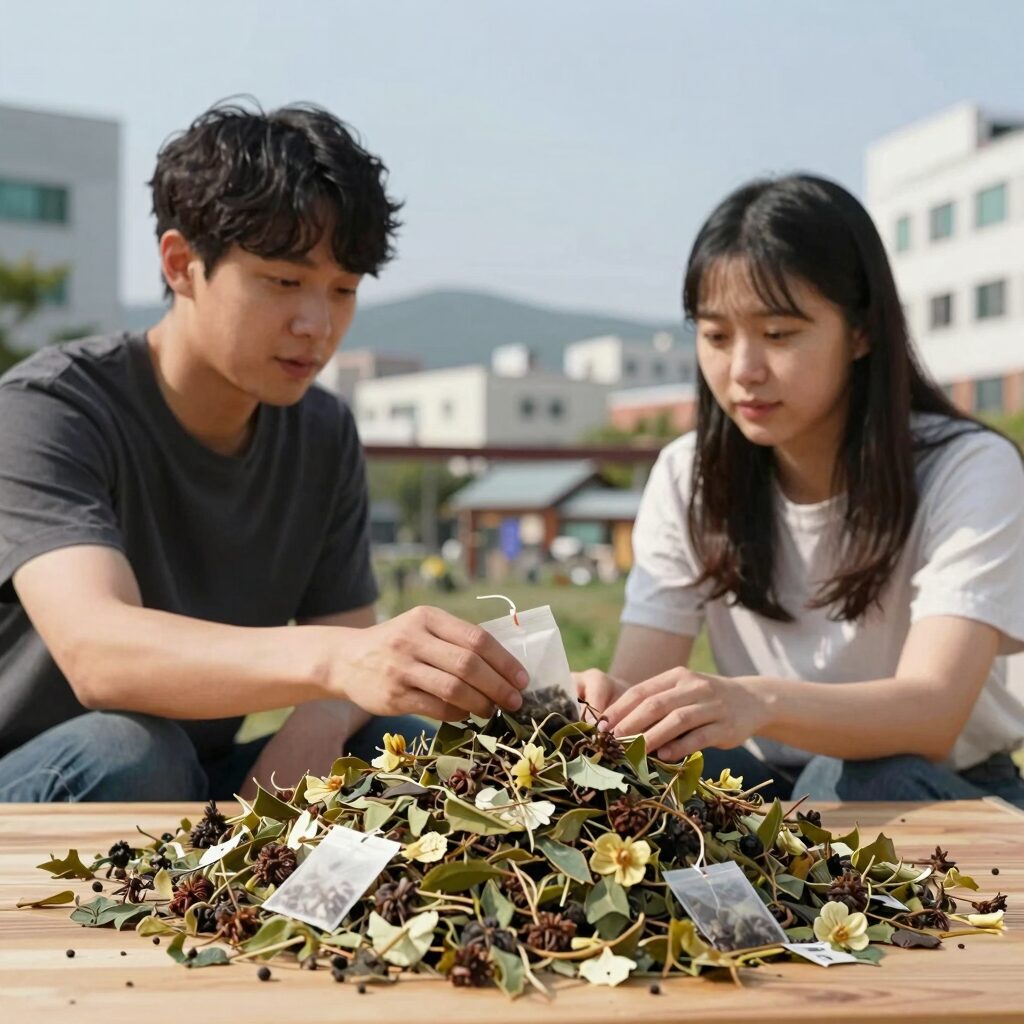 여주 먹는방법 중 하나로 여주차를 우려내는 모습. 말린 여주와 티백을 함께 보여줌