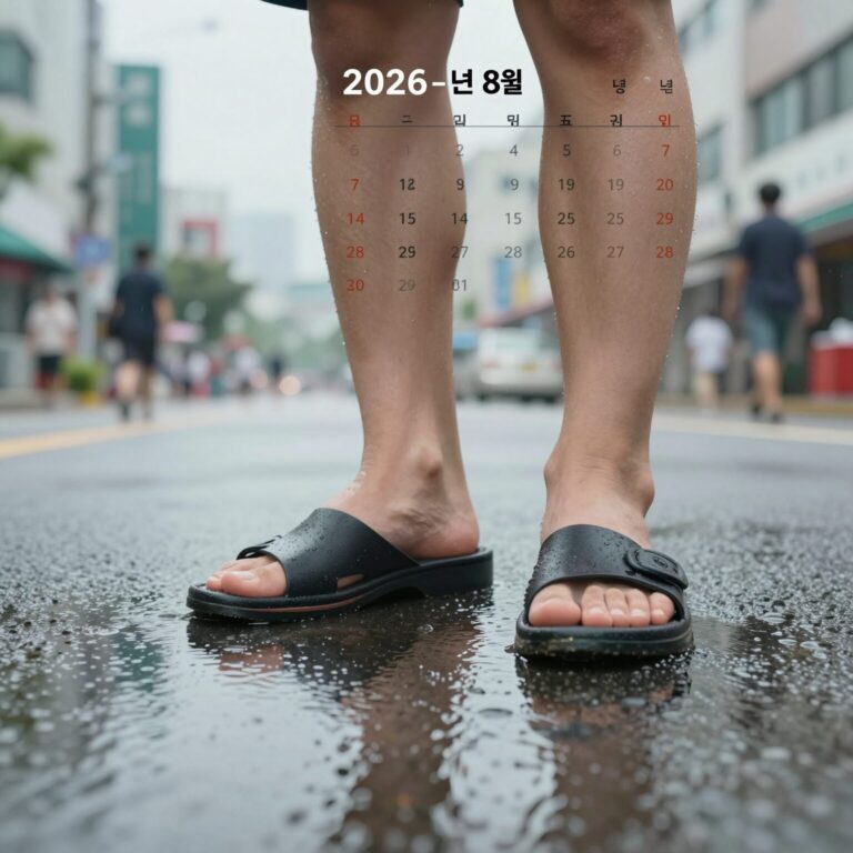 2026년 8월 달력 일러스트 버전으로 비오는 날의 장화와 물웅덩이가 그려진 이미지