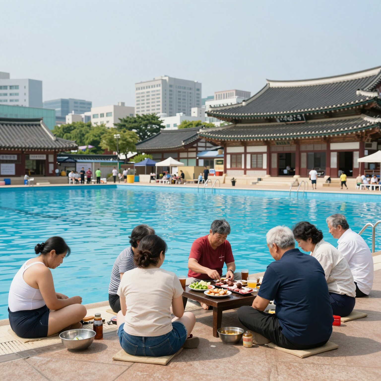 장흥한옥수영장 평상에서 고기 구워 먹는 모습과 수영장 전경