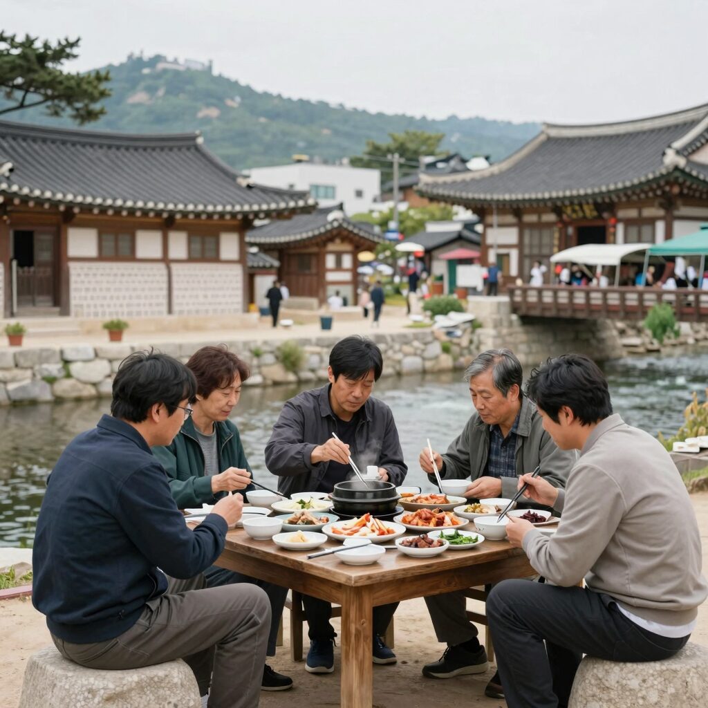 남한산성 계곡 백숙 맛집 대장금 백숙의 야외 평상에서 계곡을 바라보며 식사하는 모습