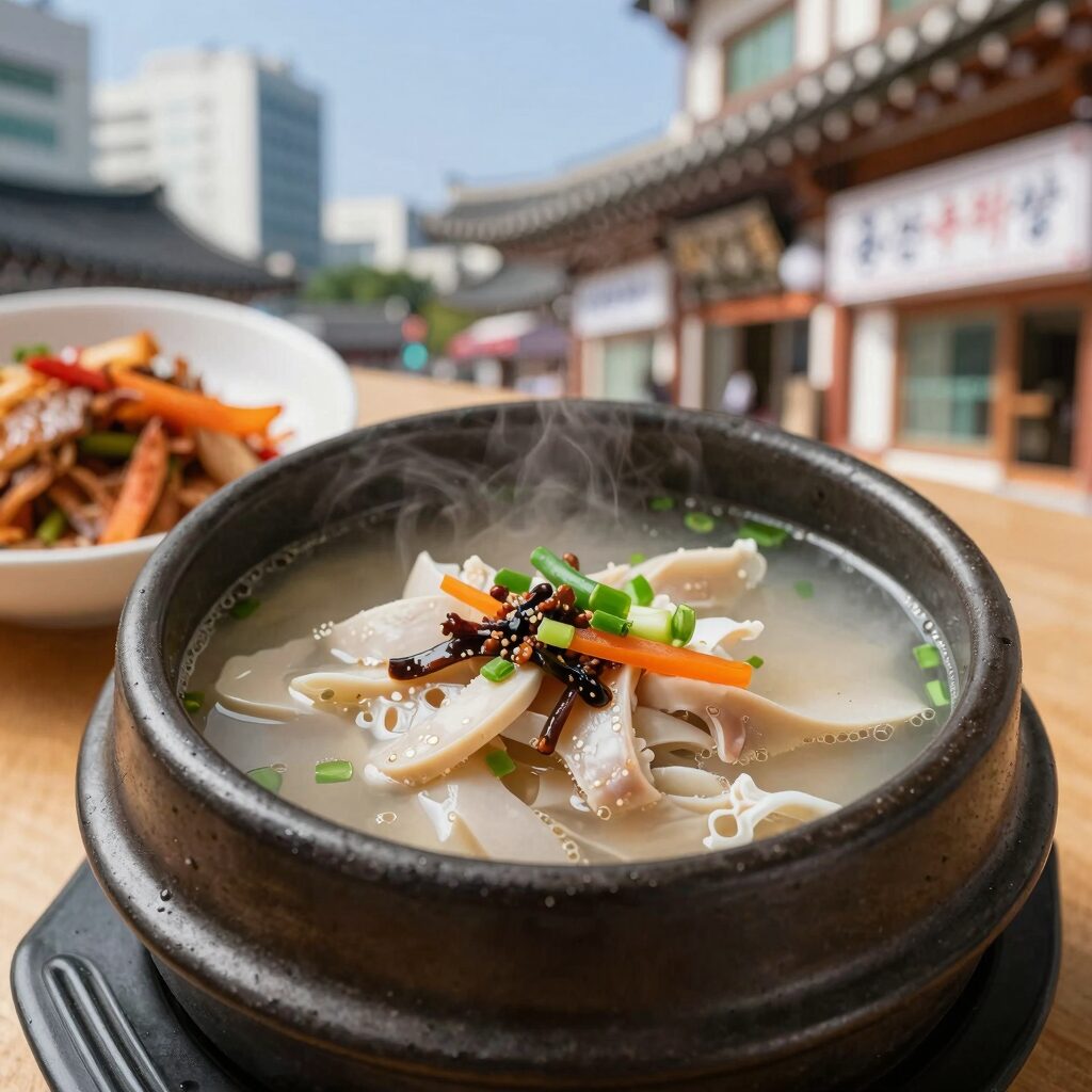 동산계곡식당 누룽지백숙 냄비와 반찬