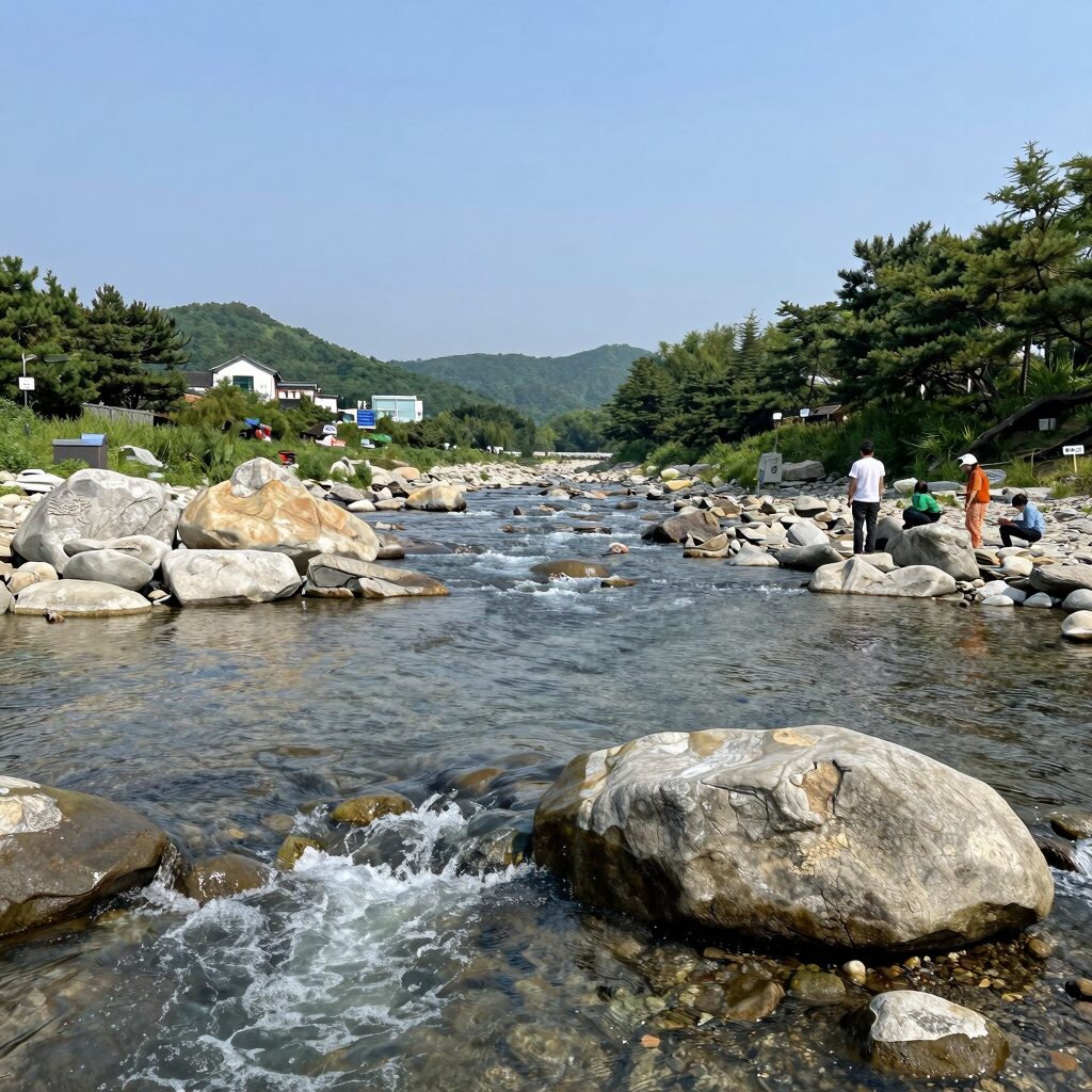 담양 거목정 계곡 풍경으로 넓은 평상과 시원한 물줄기가 보이는 사진