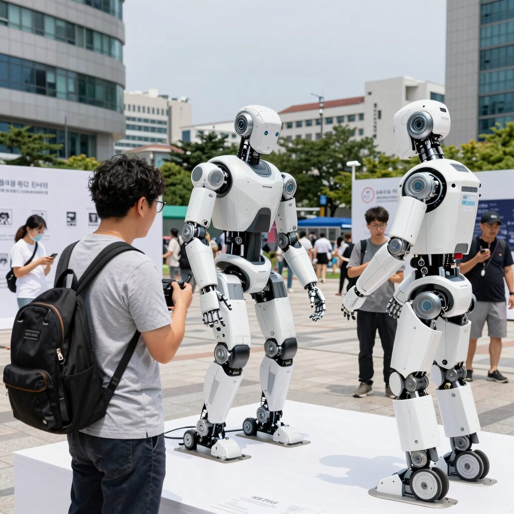서울 8월 무료 전시회 북서울미술관 권병준 전시 관람객이 로봇 작품을 체험하는 모습