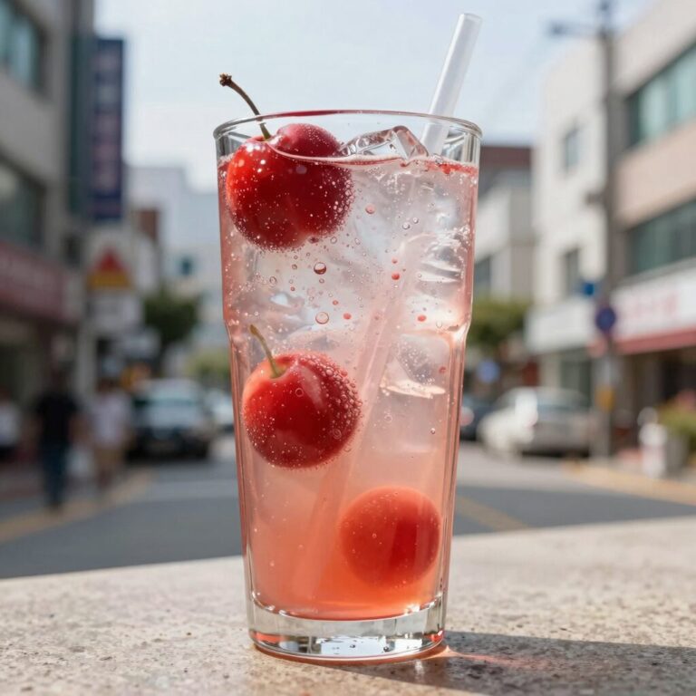 신비복숭아 수제 시럽을 넣고 탄산수로 만든 복숭아 에이드 완성 사진