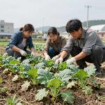 8월 텃밭에서 배추 모종을 심는 모습, 건강한 잎과 넉넉한 간격이 보임