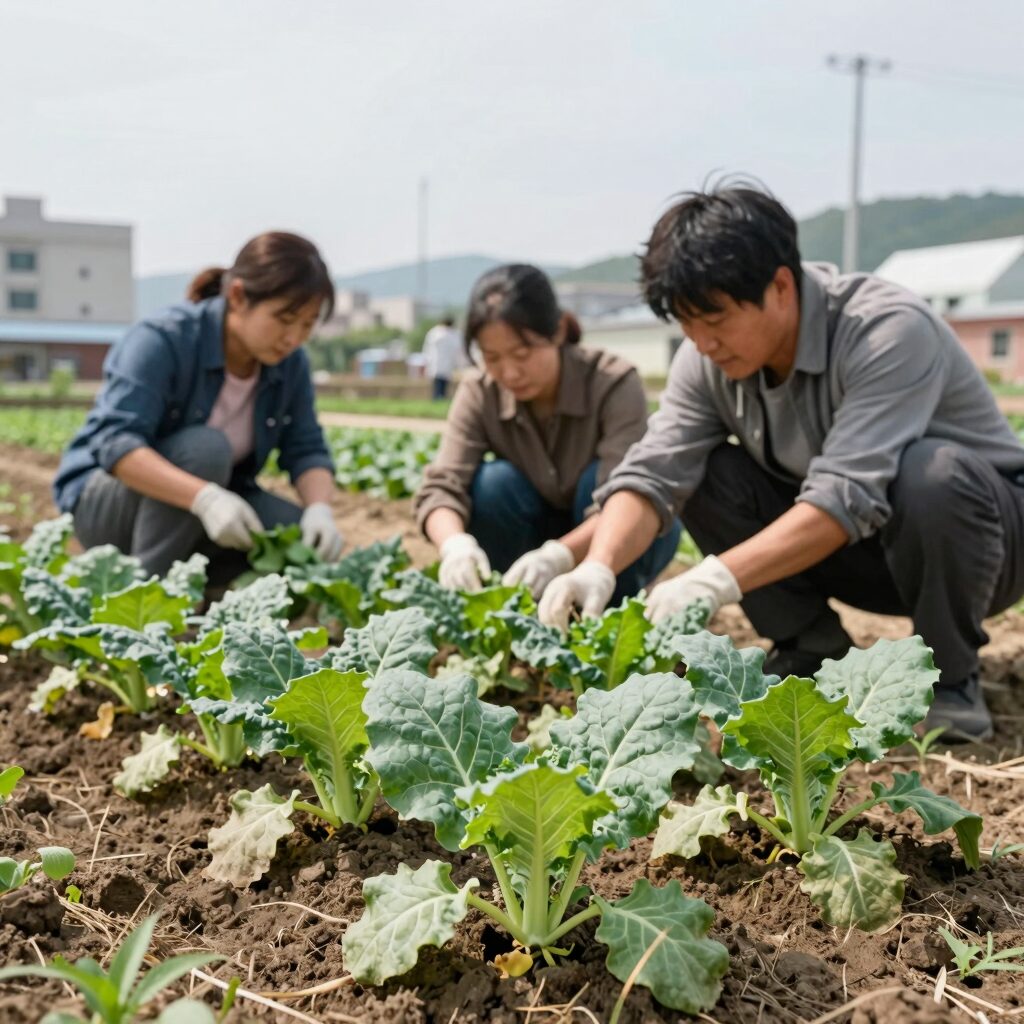 8월 텃밭에서 배추 모종을 심는 모습, 건강한 잎과 넉넉한 간격이 보임