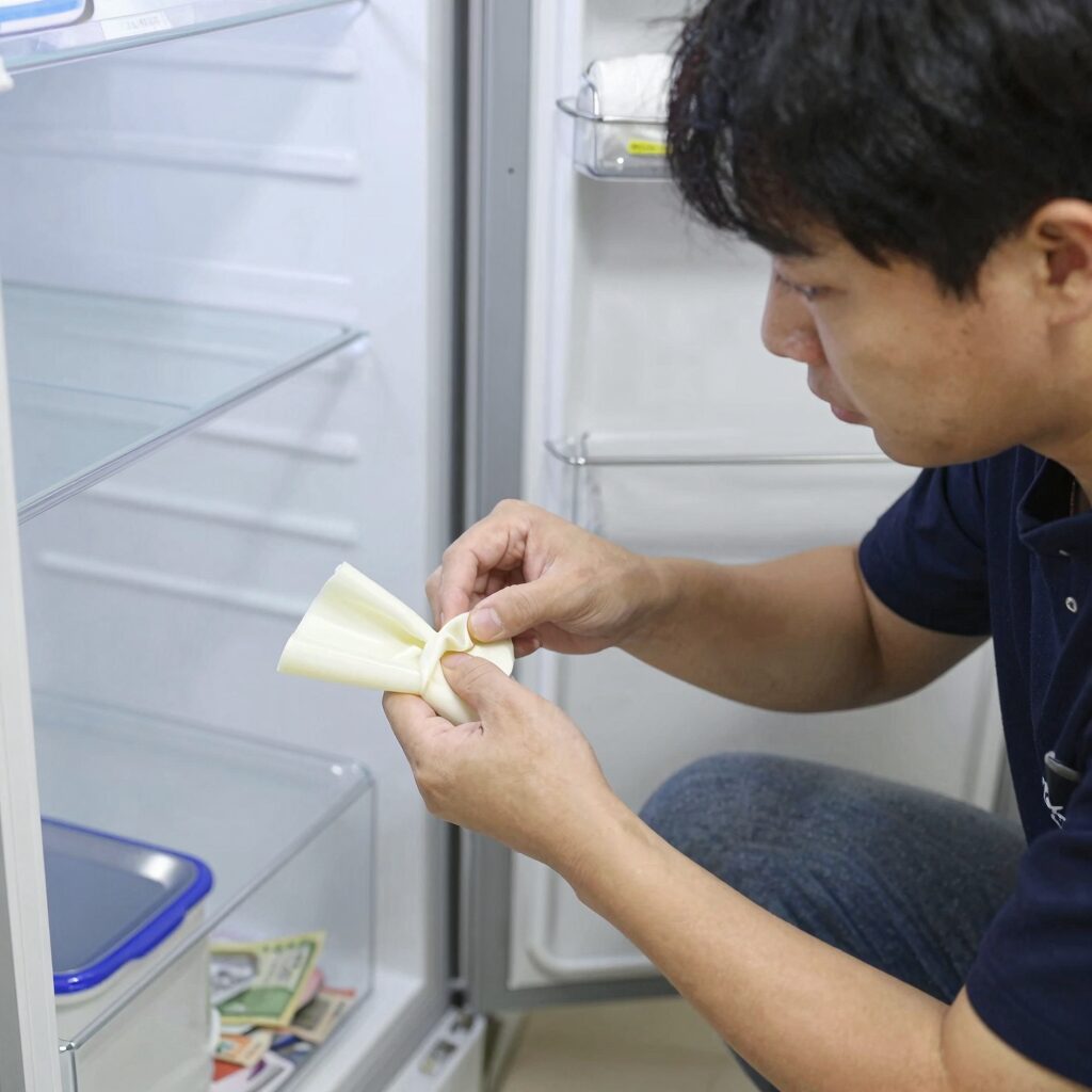 냉장고 고무 패킹을 닦는 모습 초파리 예방 관리 방법