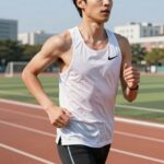 야외 러닝 트랙에서 달리는 사람이 착용한 러닝 반바지의 통풍 구조와 속건 소재를 확대한 사진
