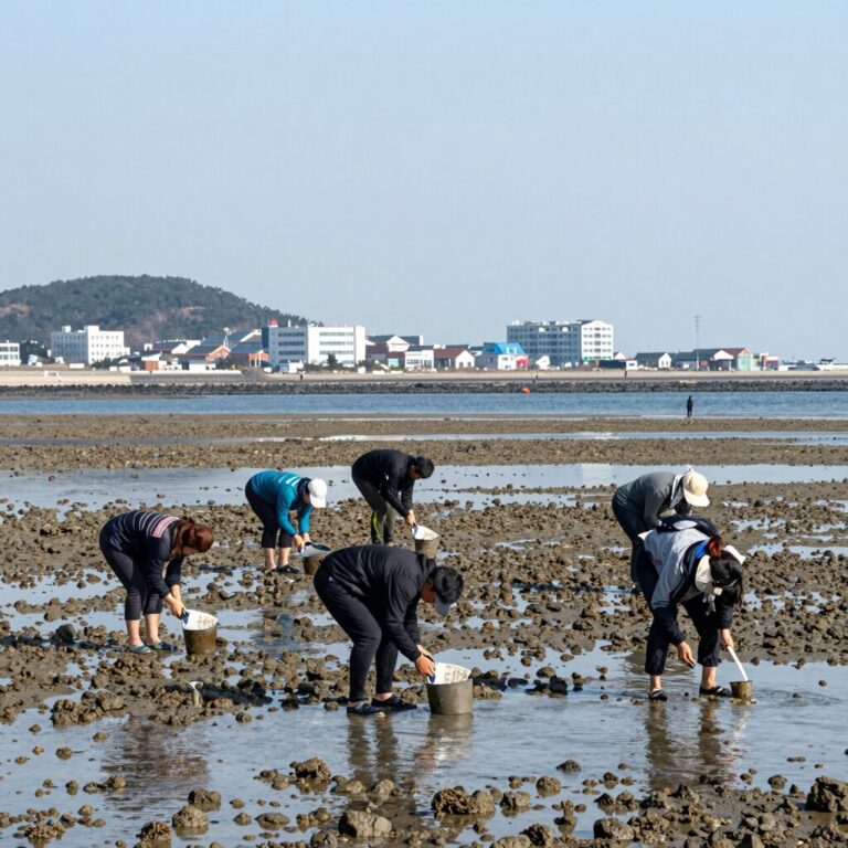 몽산포해수욕장 물때 간조 때 드러난 갯벌에서 해루질하는 모습