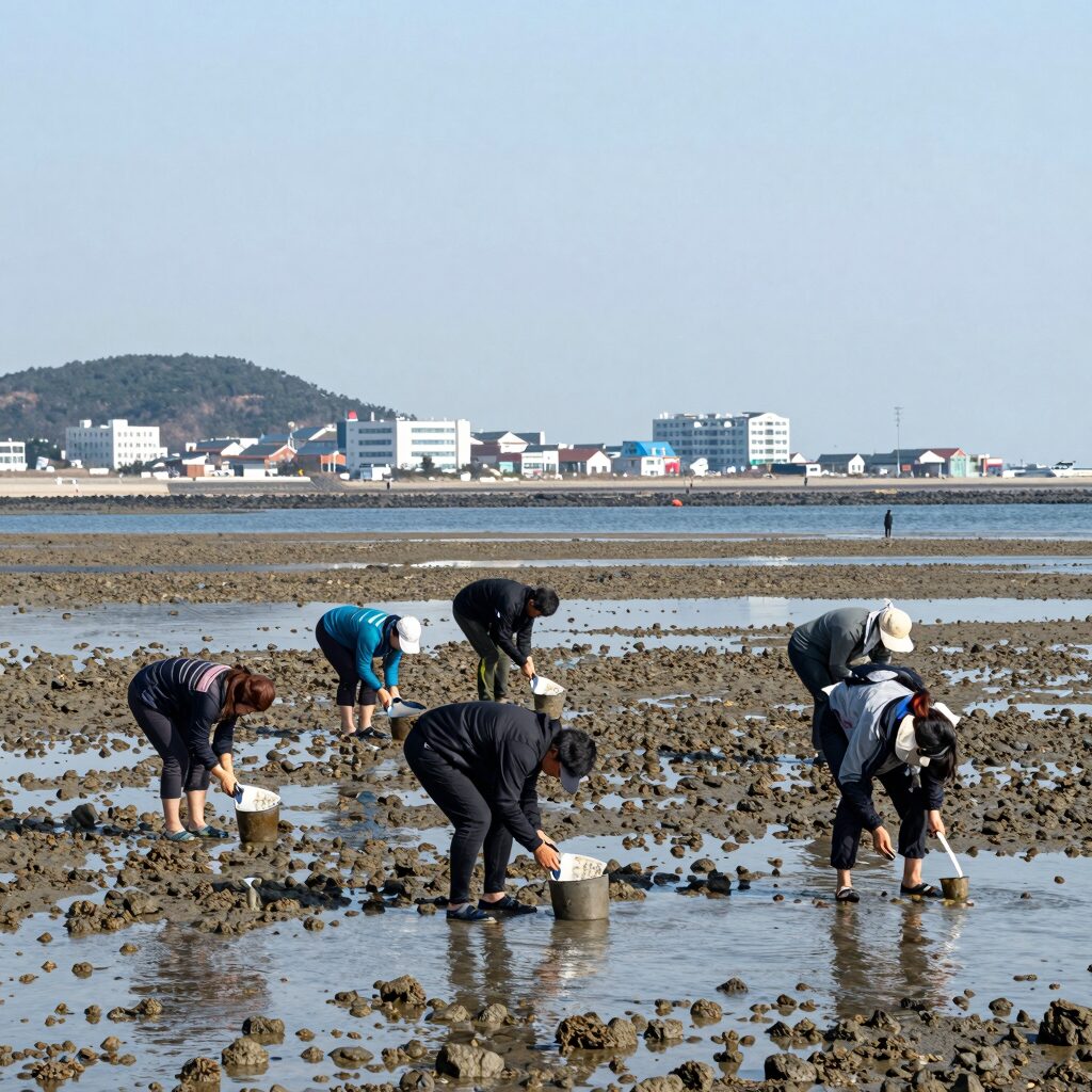 몽산포해수욕장 물때 간조 때 드러난 갯벌에서 해루질하는 모습