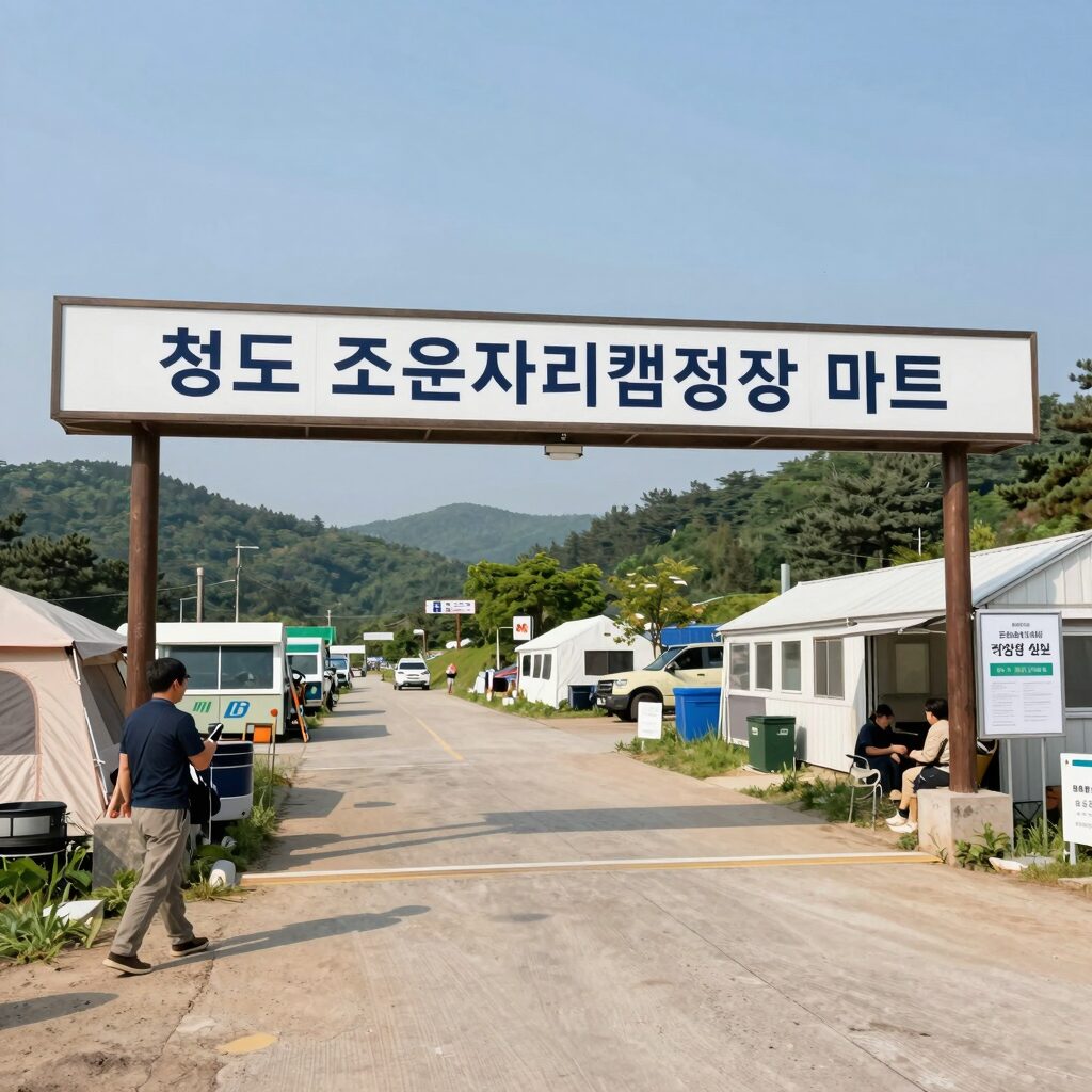 청도 조은자리캠핑장 마트 입구와 캠핑장 안내 표지판이 보이는 모습