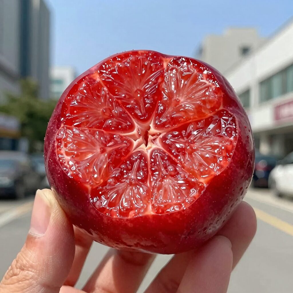 대홍복숭아 붉은 과육과 아삭한 단면을 보여주는 사진