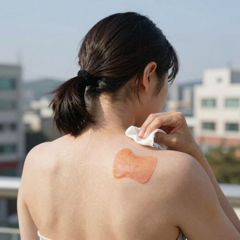쥐젖연고를 면봉에 소량 덜어 목에 바르는 모습