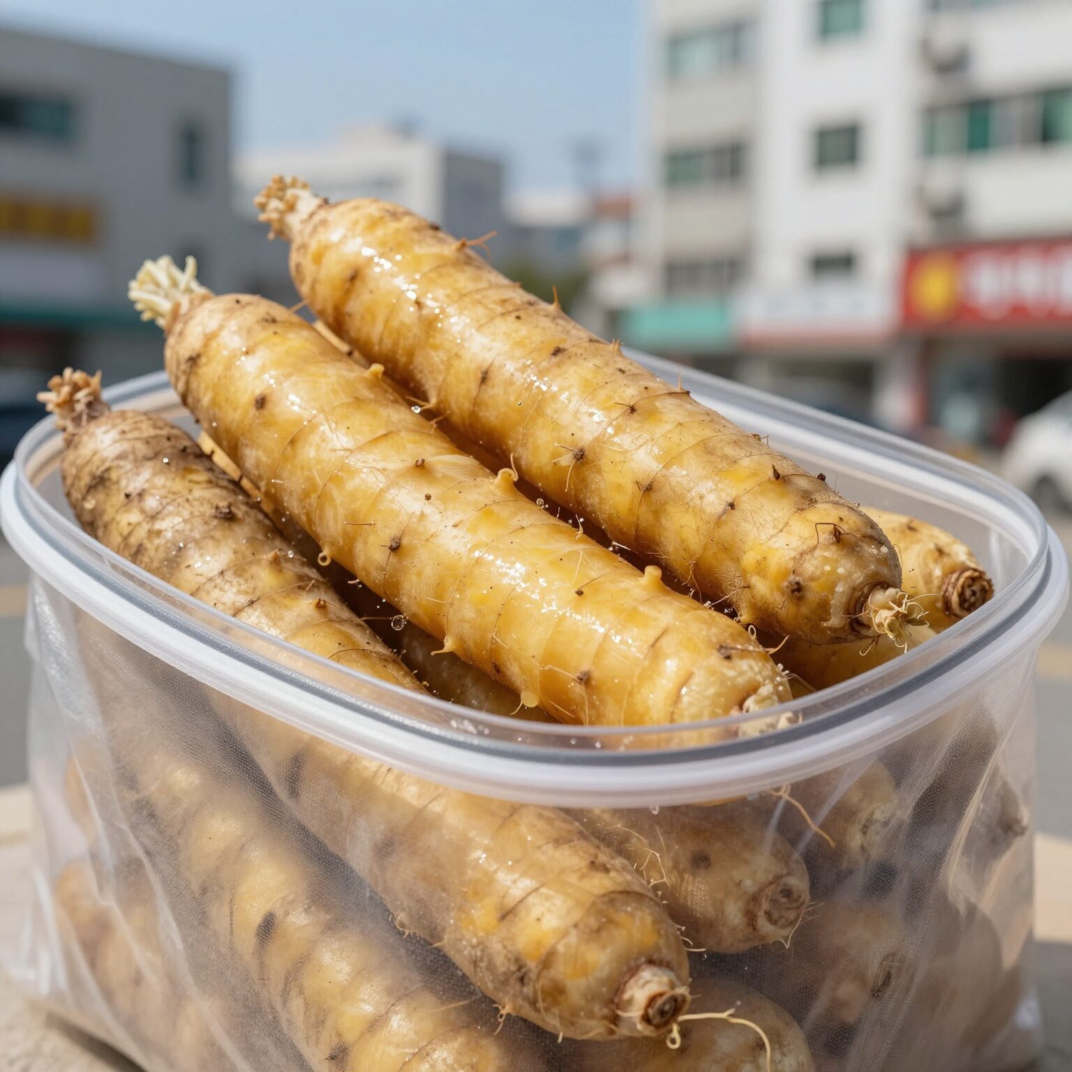 데친 고구마순을 물과 함께 지퍼백에 넣어 냉동 보관하는 모습