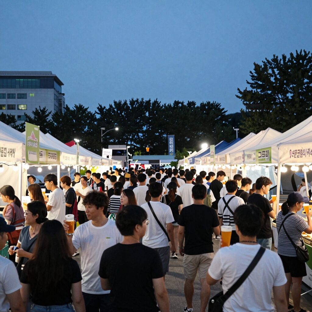 8월 삿포로 오도리공원 맥주축제 저녁 조명 아래 생맥주를 즐기는 사람들
