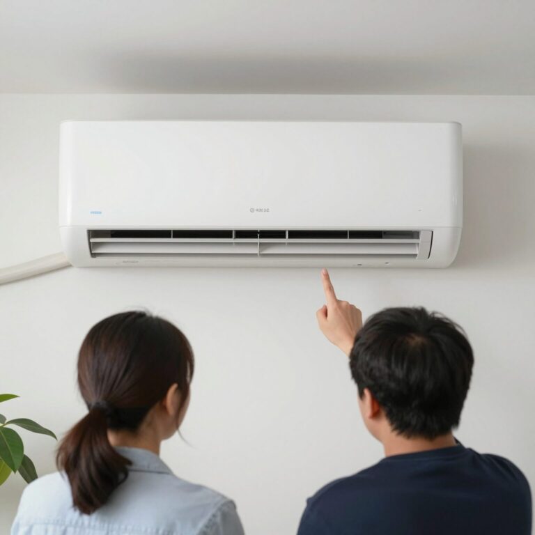 에어컨 자동 켜짐 방지 설정 해제를 위해 본체 버튼을 누르는 모습