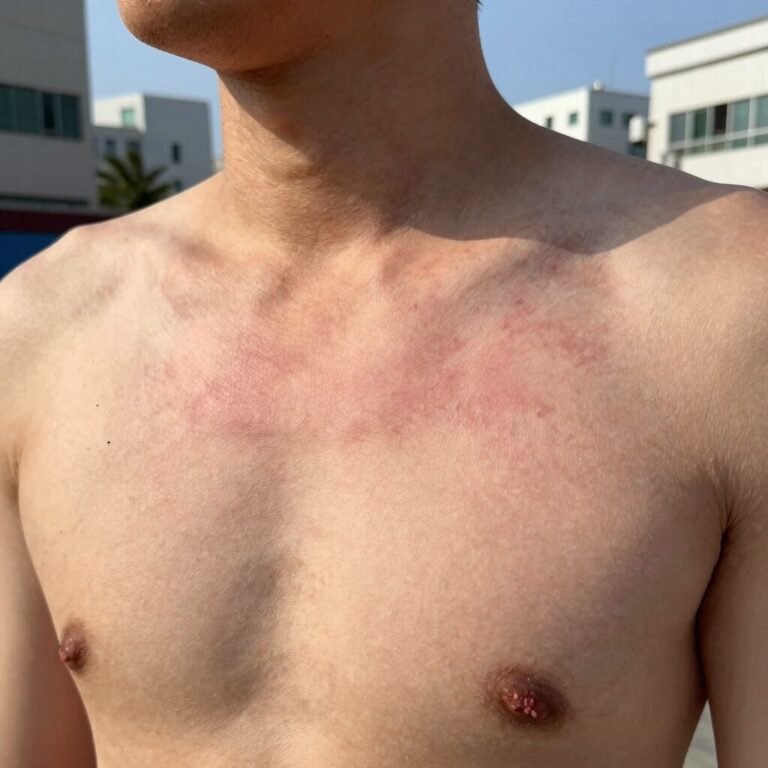 겨드랑이 땀띠로 인한 붉은 발진과 피부 자극을 보여주는 클로즈업 사진