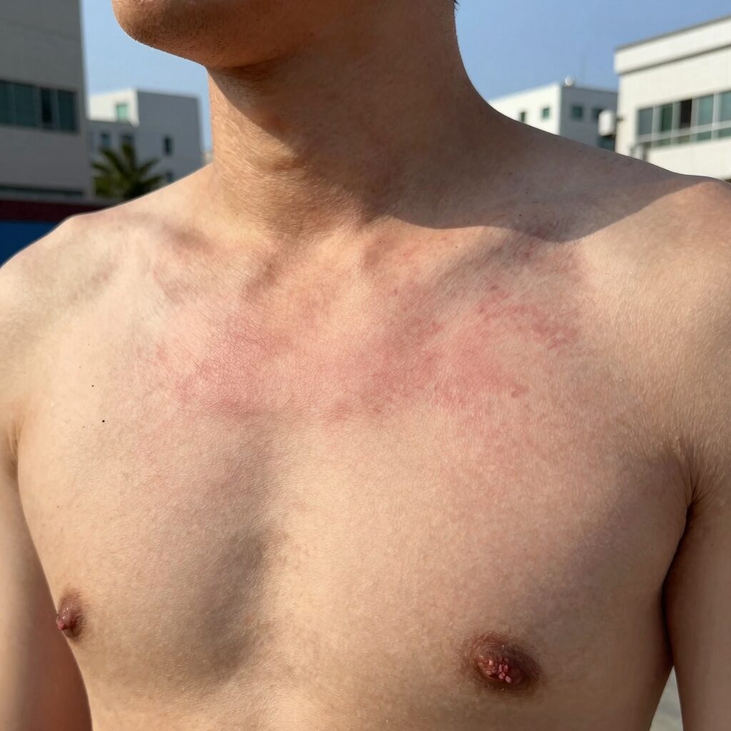 겨드랑이 땀띠로 인한 붉은 발진과 피부 자극을 보여주는 클로즈업 사진