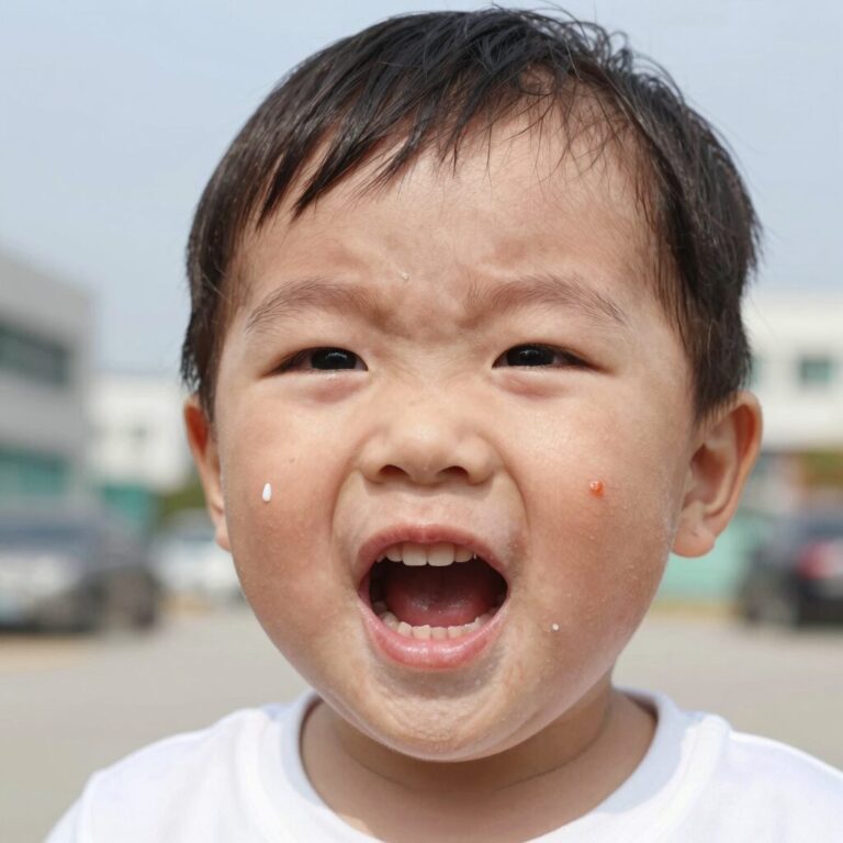 유아 구내염으로 입안에 생긴 하얀 궤양 모습