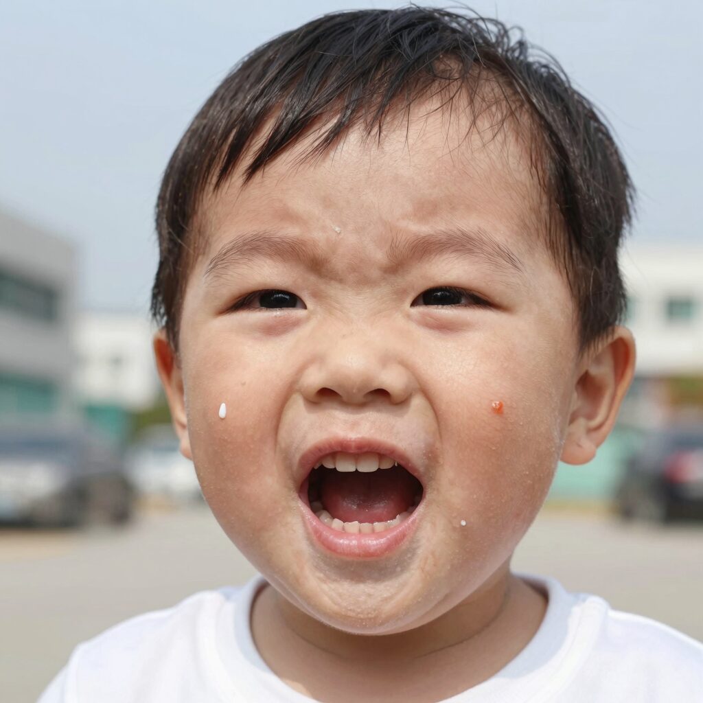 유아 구내염으로 입안에 생긴 하얀 궤양 모습