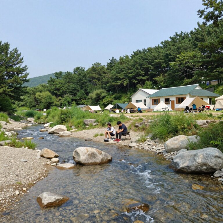맑고 깊은 백담계곡의 물과 캠핑장에서 바라본 전경