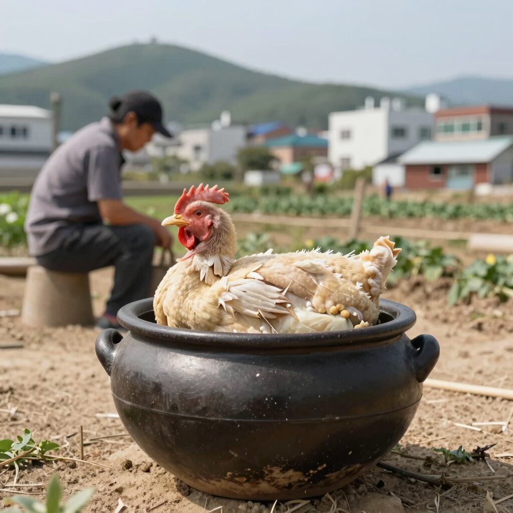 백운계곡 백숙 냄비에 담긴 토종닭과 약재