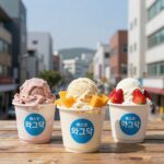 배스킨라빈스 와그작 빙수 팥 망고바나나 스트로베리 세 가지 컵빙수가 나란히 놓인 사진