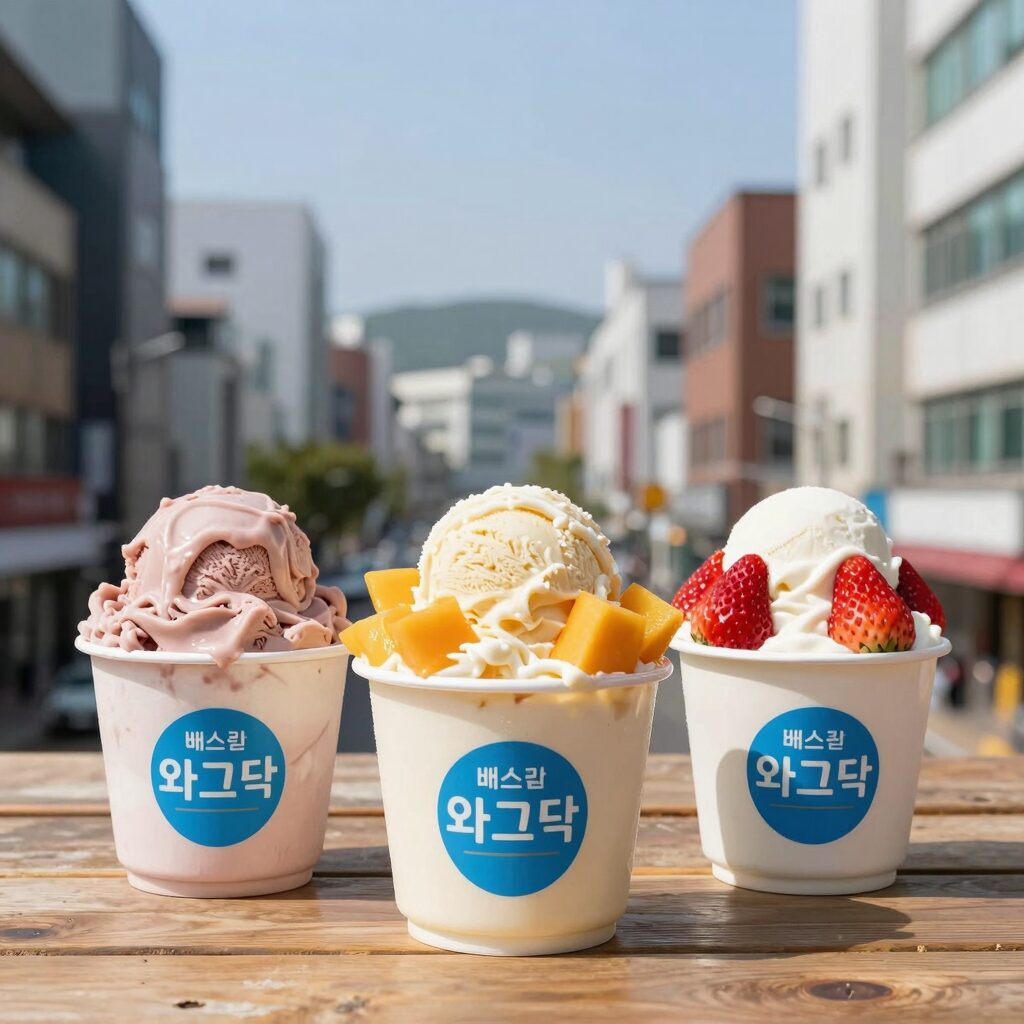 배스킨라빈스 와그작 빙수 팥 망고바나나 스트로베리 세 가지 컵빙수가 나란히 놓인 사진