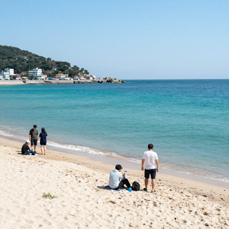 통영 비진도 해수욕장의 에메랄드빛 바다와 모래사장