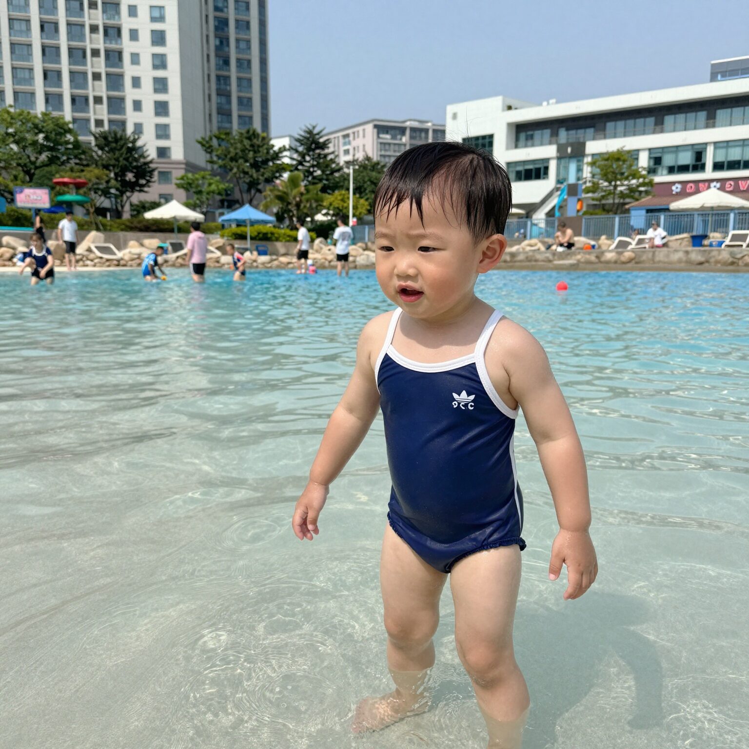 블루독 수영복을 입은 아기가 워터파크에서 즐거워하는 모습