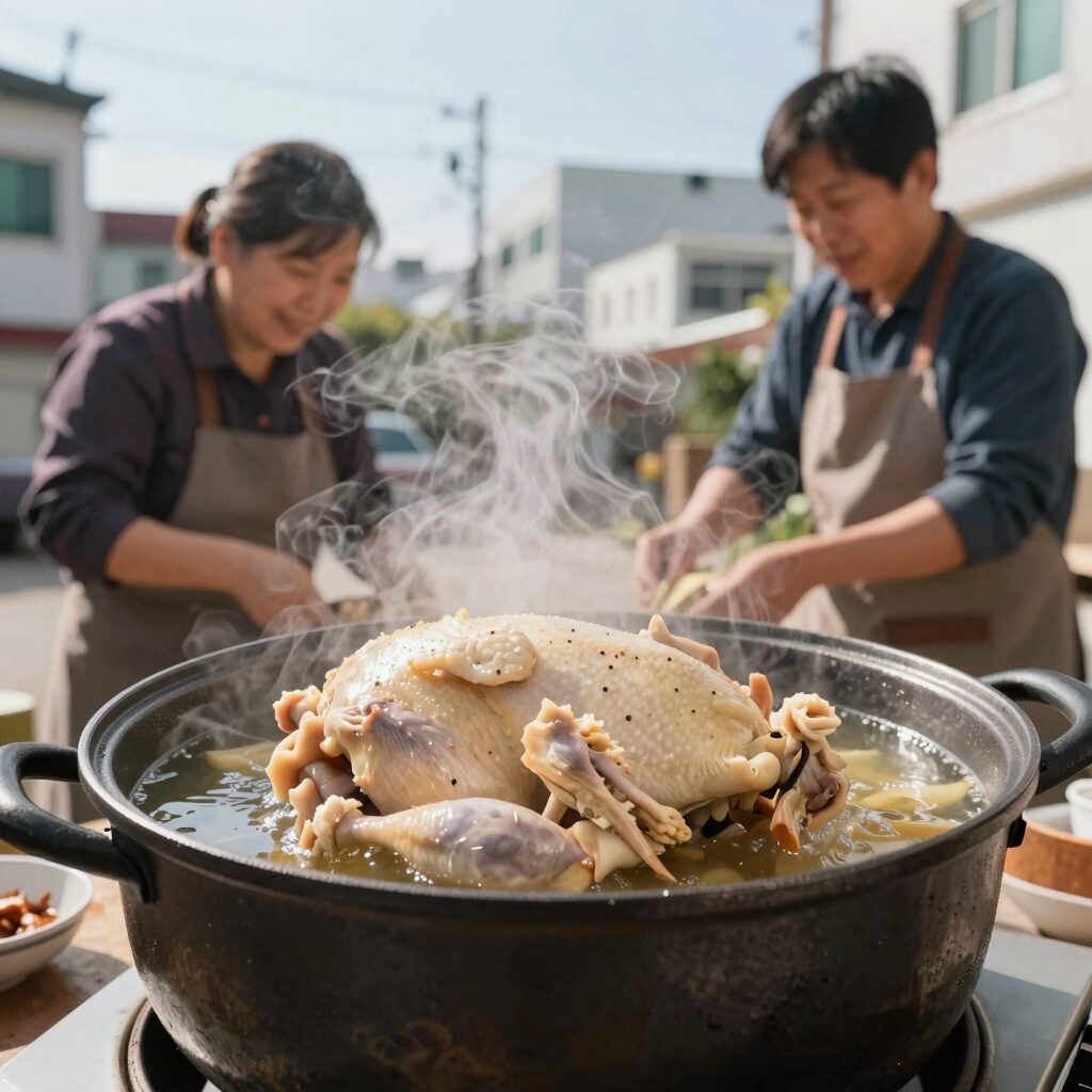 압력솥에서 닭백숙을 조리하는 과정으로 김이 오르는 모습