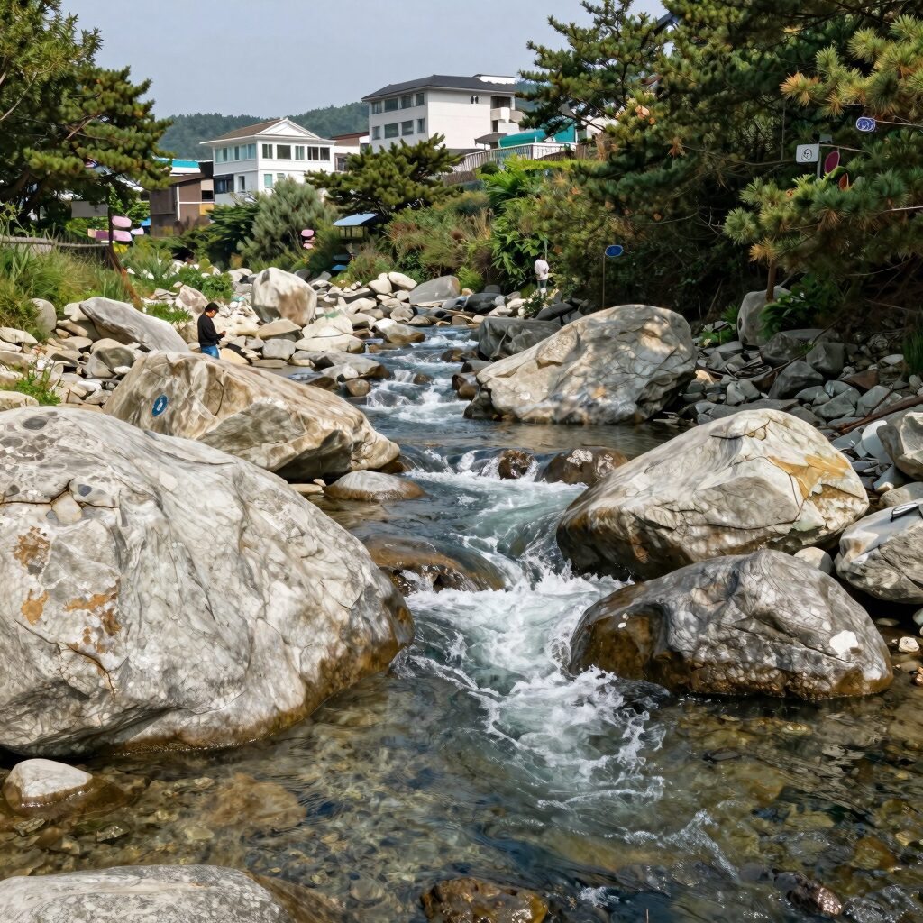함양 브라우니펜션에서 바라본 계곡 전경으로 맑은 물과 큰 돌들이 보인다