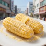 버터에 구운 마약옥수수 위에 파마산 치즈가루가 뿌려진 모습