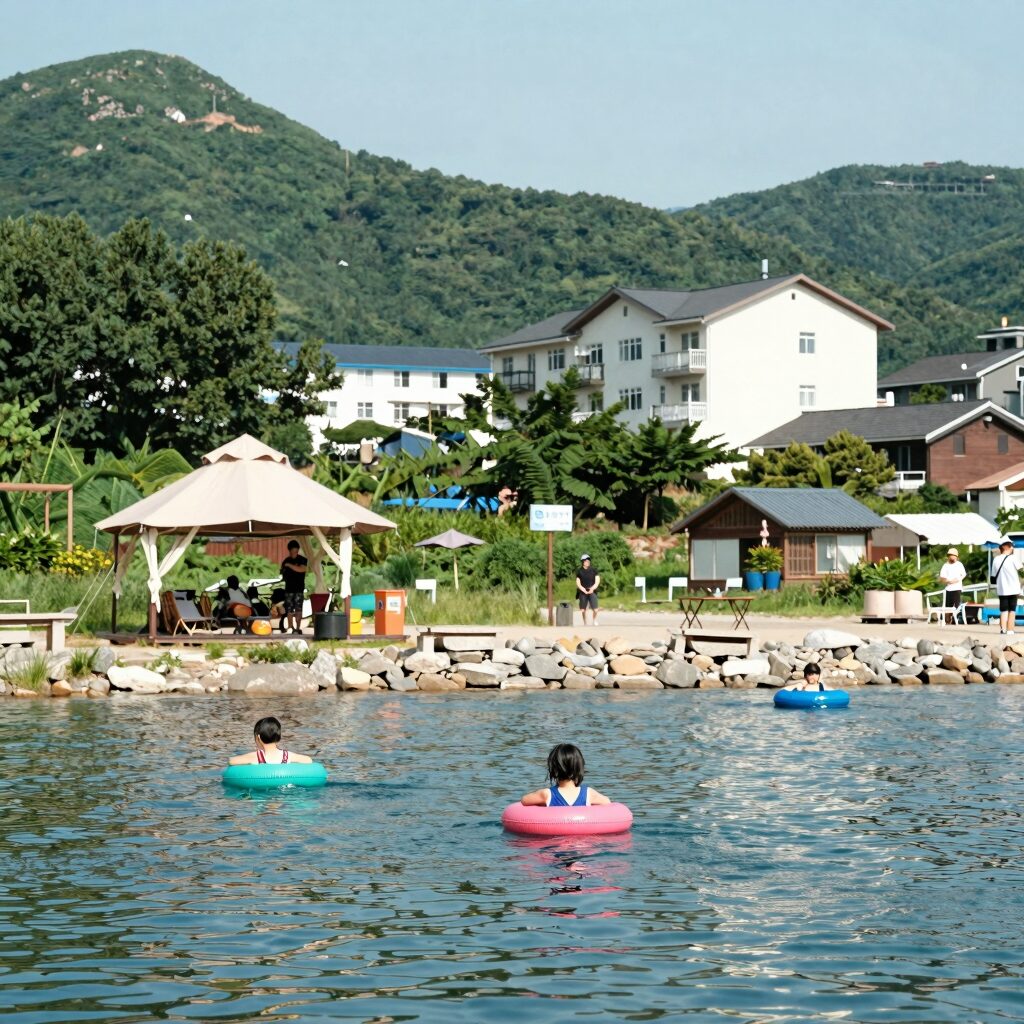 포천 백운계곡 캠핑장 수영장 전경, 정자와 해먹 튜브를 탄 아이들의 모습