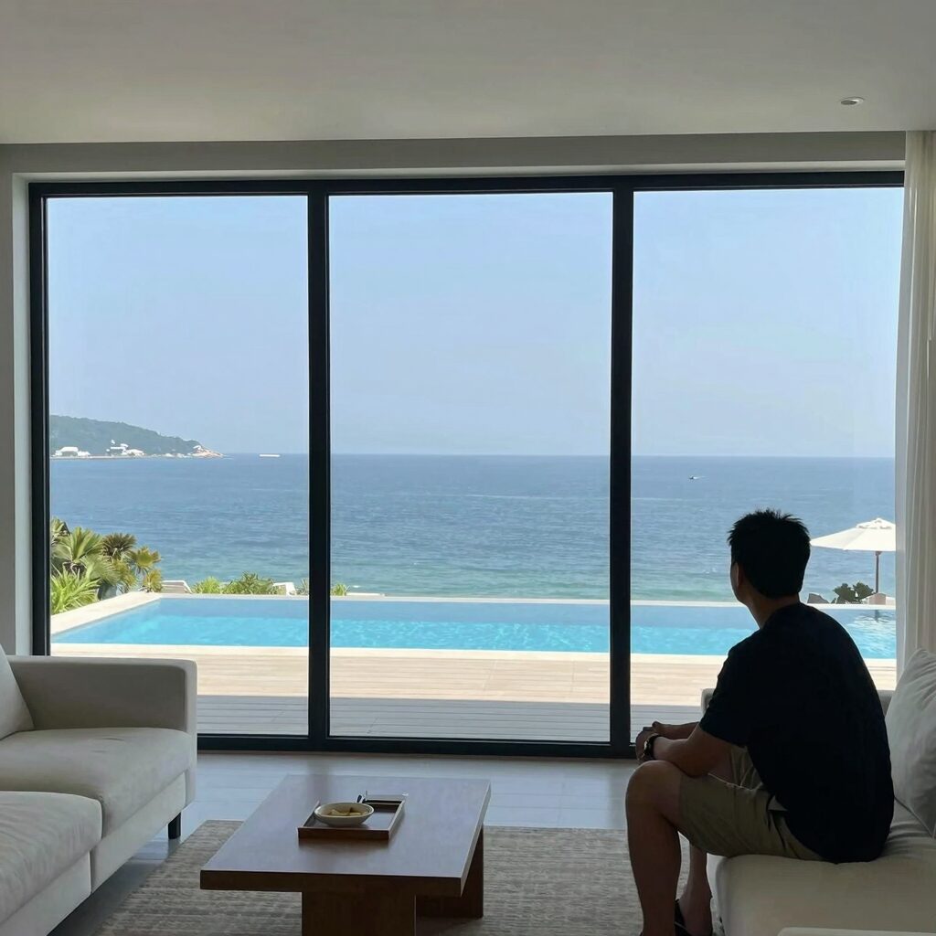 남해 체디풀빌라 1층 거실에서 본 오션뷰와 개인 수영장