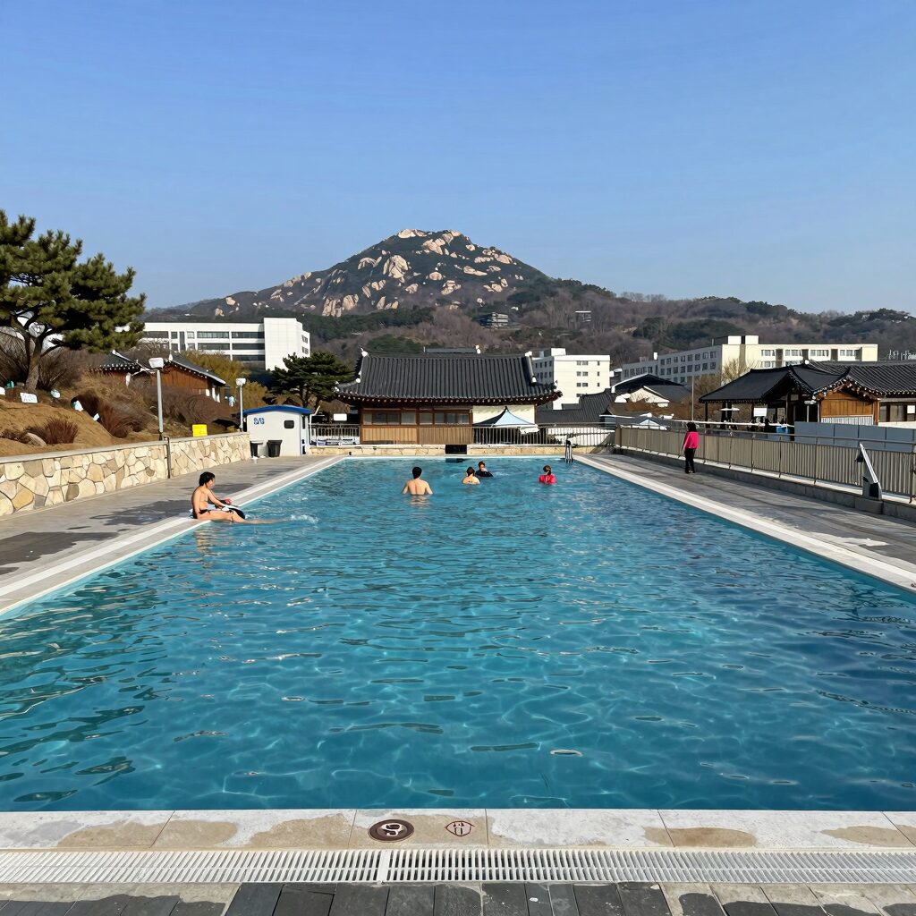 공주 채온재 야외 온수풀 전경, 계룡산을 배경으로 길게 뻗은 수영장