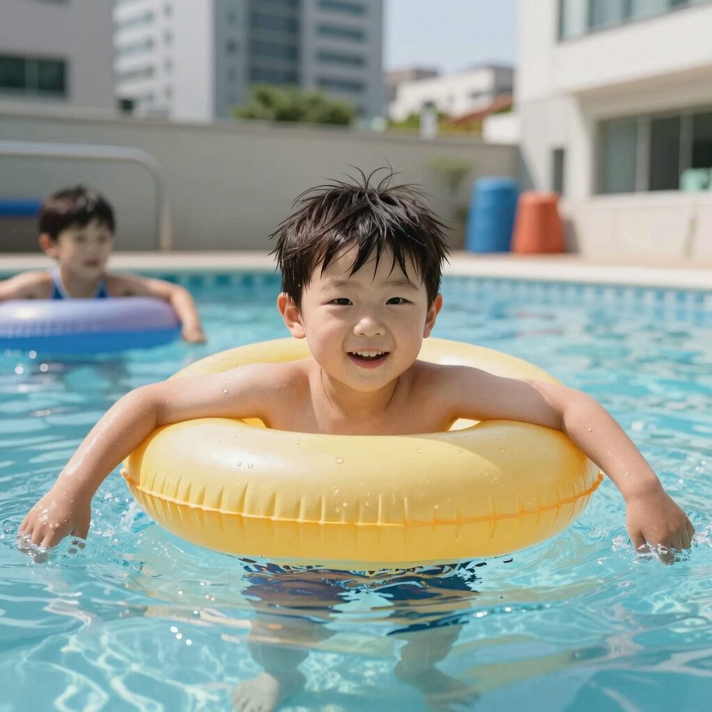 아이가 물놀이에서 암링 튜브를 착용하고 즐거워하는 모습