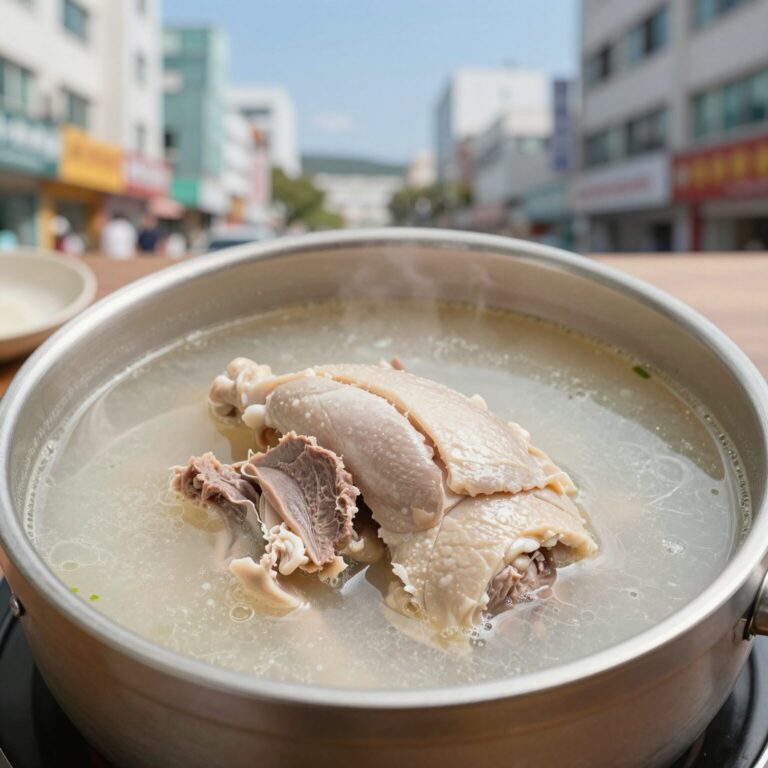 초복 삼계탕 사진 닭가슴살과 육수가 보이는 그릇