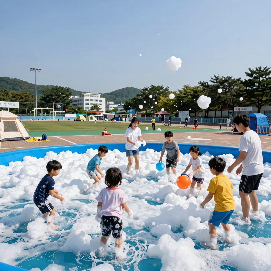 충주 수영장 캠핑장에서 아이들이 거품 풀에서 즐겁게 노는 모습