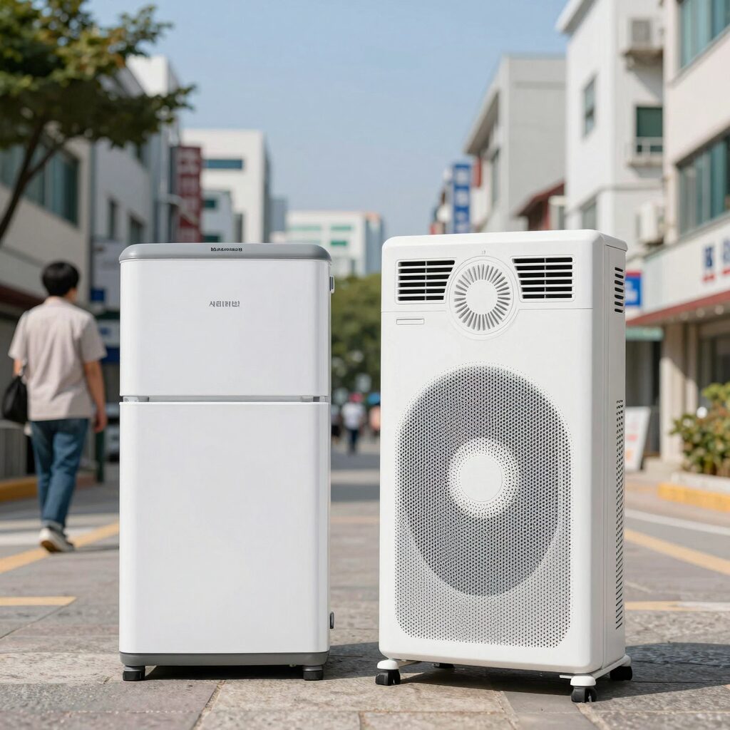서큘레이터와 선풍기의 바람 방향과 구조 차이를 설명하는 이미지