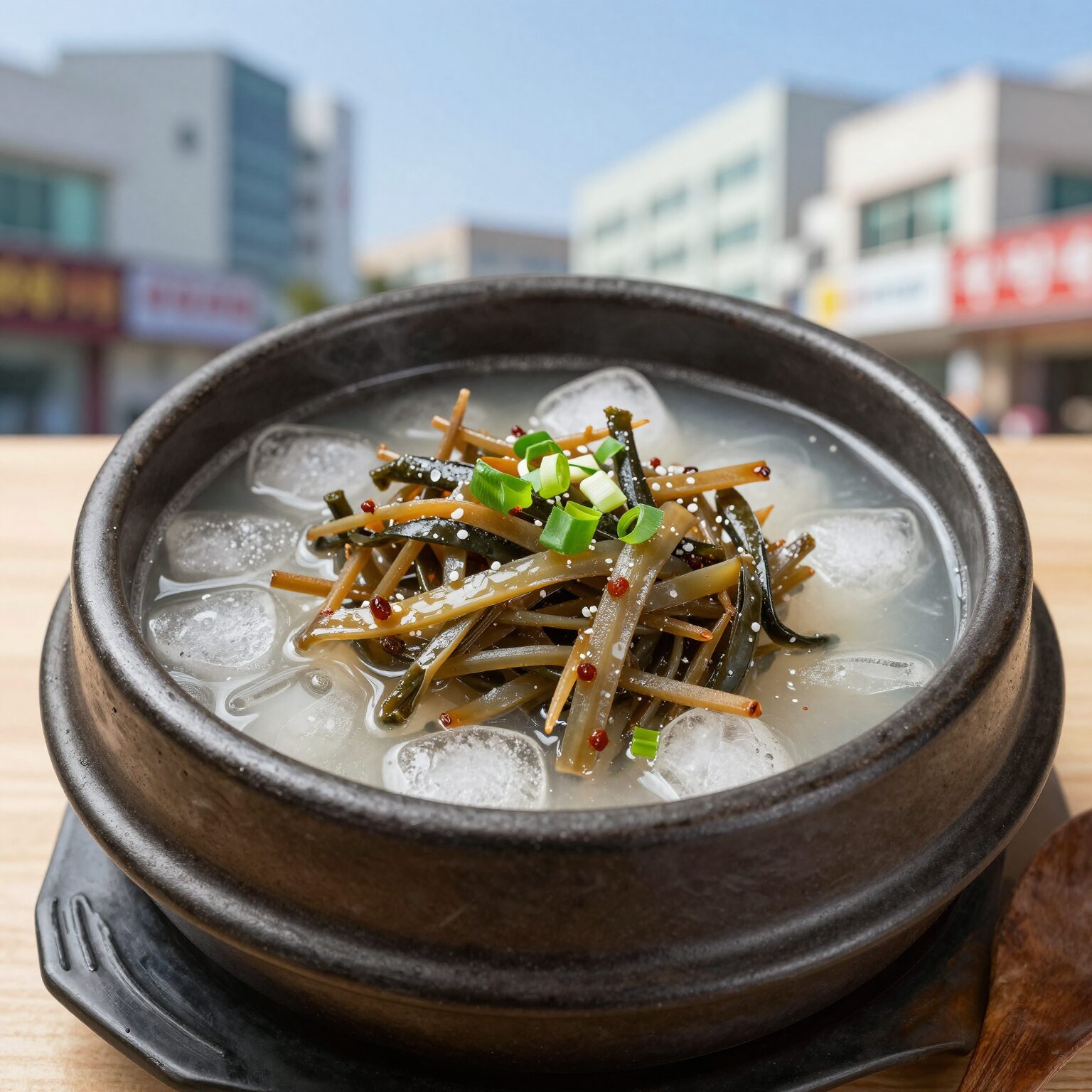 차가운 콩나물냉국 그릇에 얼음 동동 띄운 모습