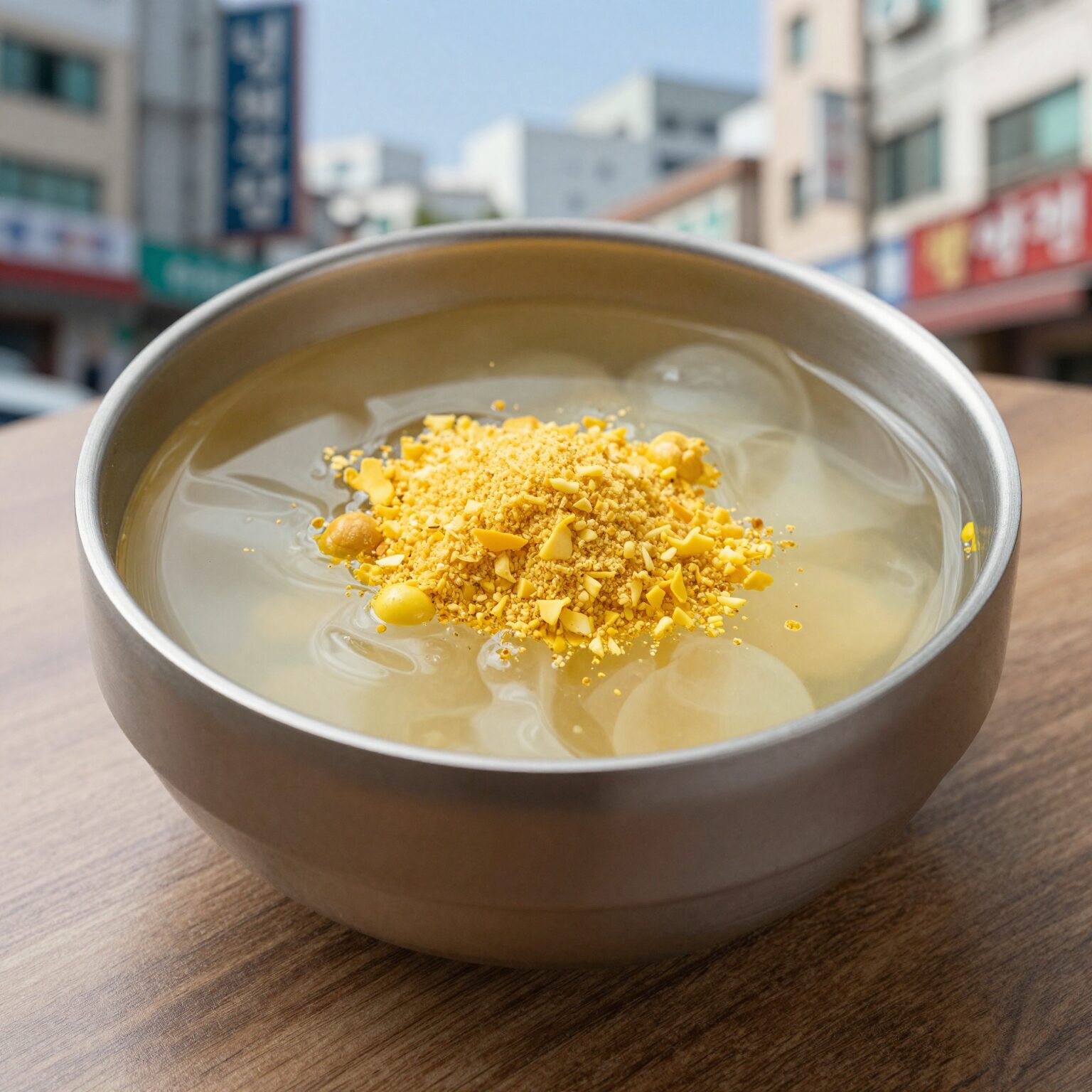 시원한 냉국수 그릇에 김가루와 계란 토핑이 올려져 있음