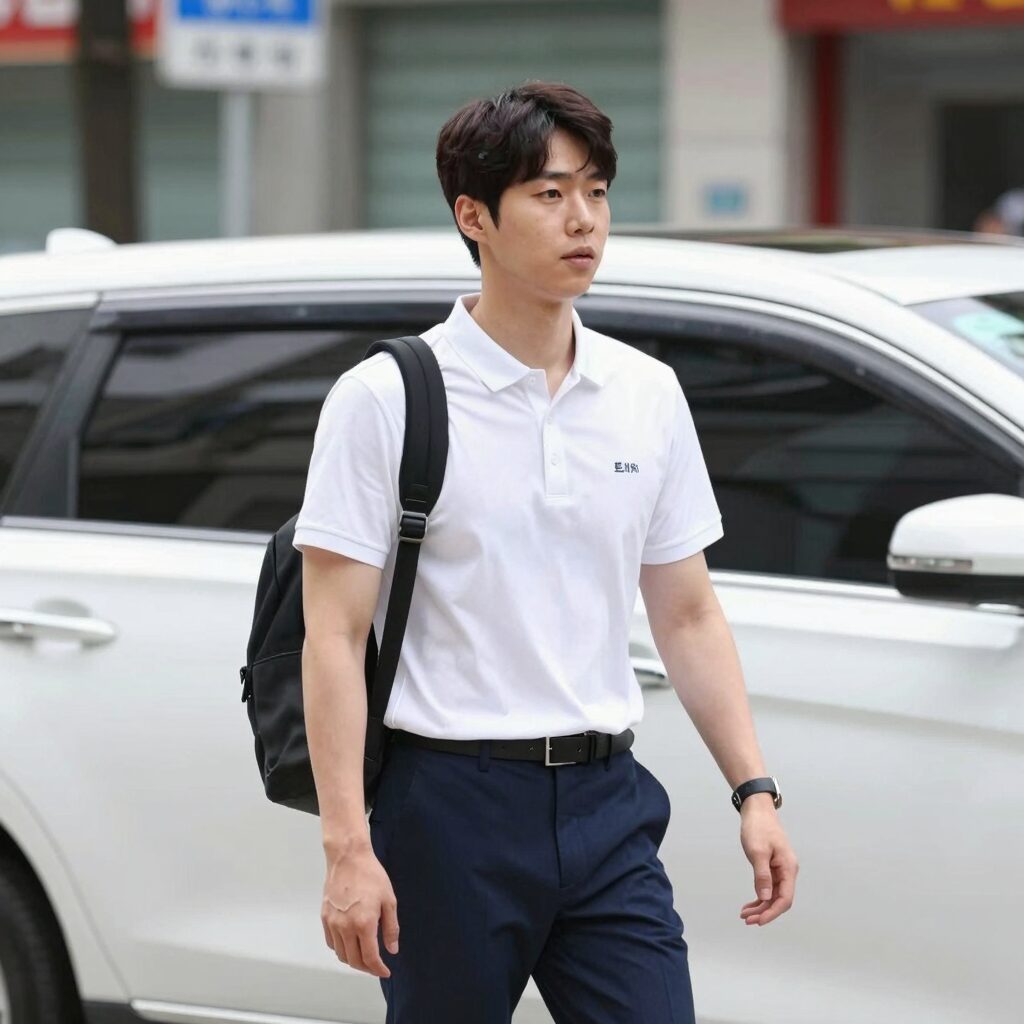 여름철 쿨비즈룩을 입은 남성이 시원하게 출근하는 모습, 오픈카라 셔츠와 슬랙스 코디