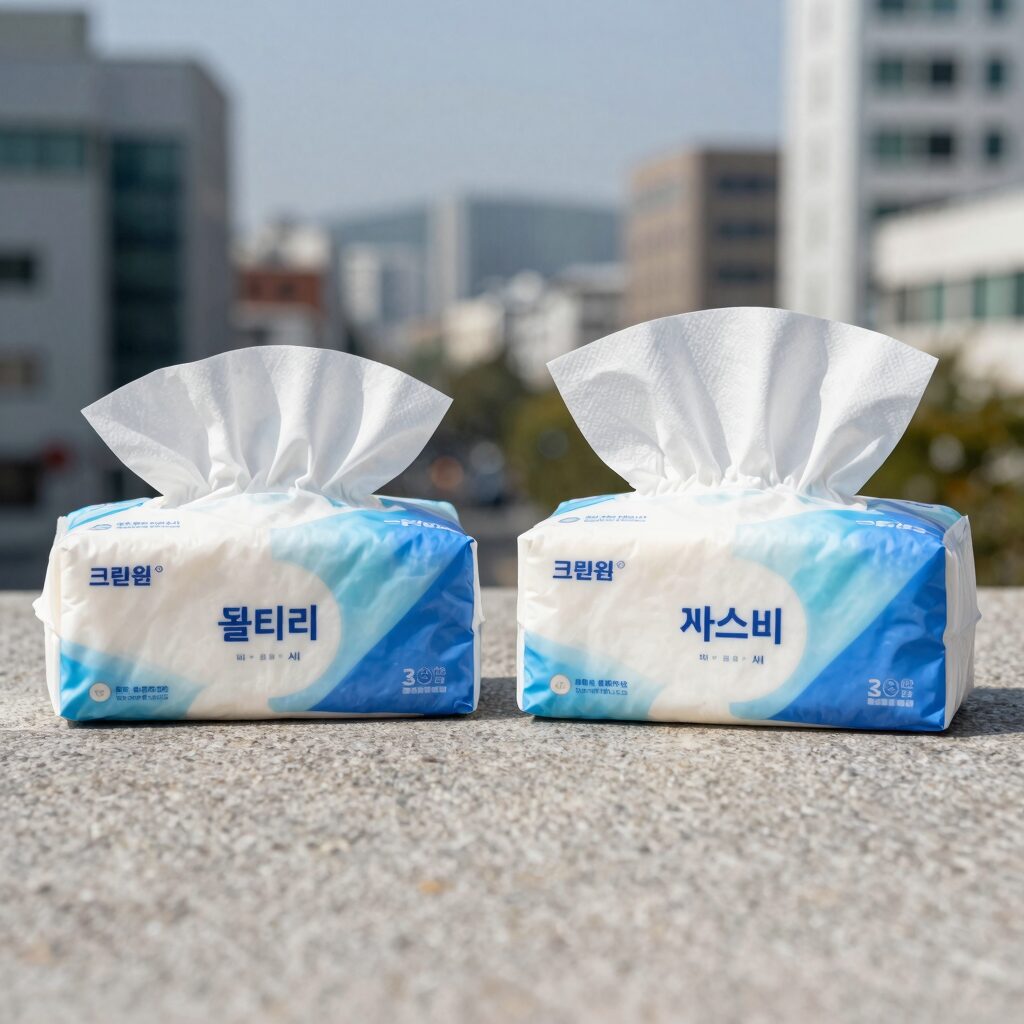 크린원 갸스비 비오레 쿨티슈 세 제품을 나란히 비교한 사진으로 각각의 포장과 티슈 크기를 보여줌