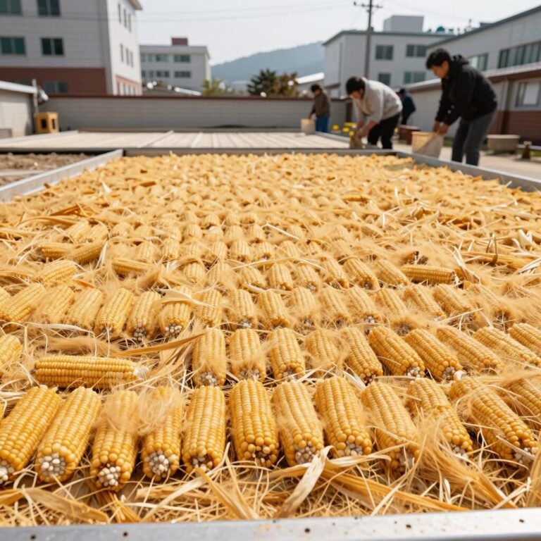 오븐 트레이에 넓게 펼쳐진 옥수수수염을 100도에서 말리는 과정