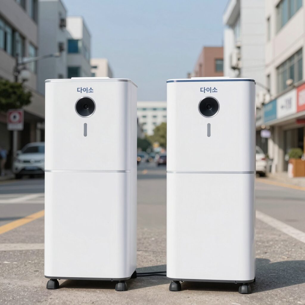 다이소 제습제 스탠드형과 걸이형 제품을 나란히 전시한 모습