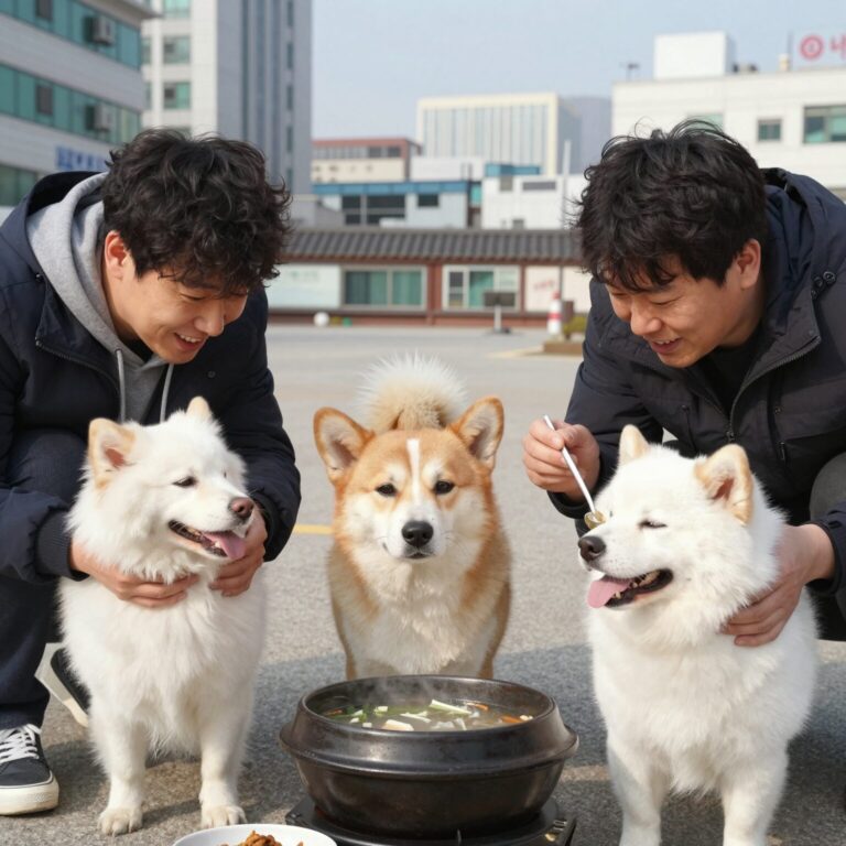강아지가 직접 만든 삼계탕을 맛있게 먹고 있는 모습